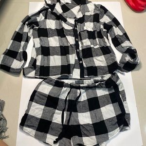 Adorable plaid set- button up long sleeve top paired with marching shorts